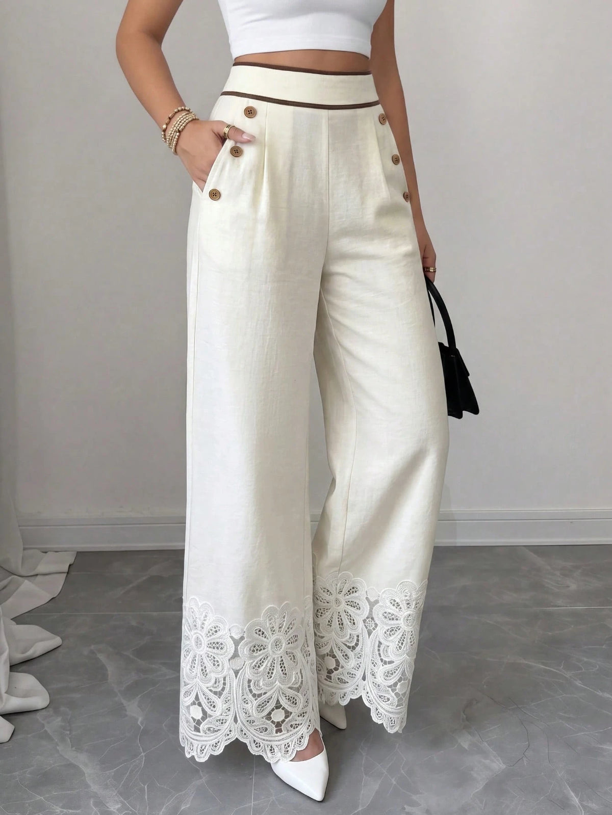 Elenzga Women Beige High Waist Wide Leg Pants, Contrast Trim Lace Hem Decor Wooden Buttons Detail With Pockets, Elegant Casual Summer Trousers For Commute Vacation Party Outfits