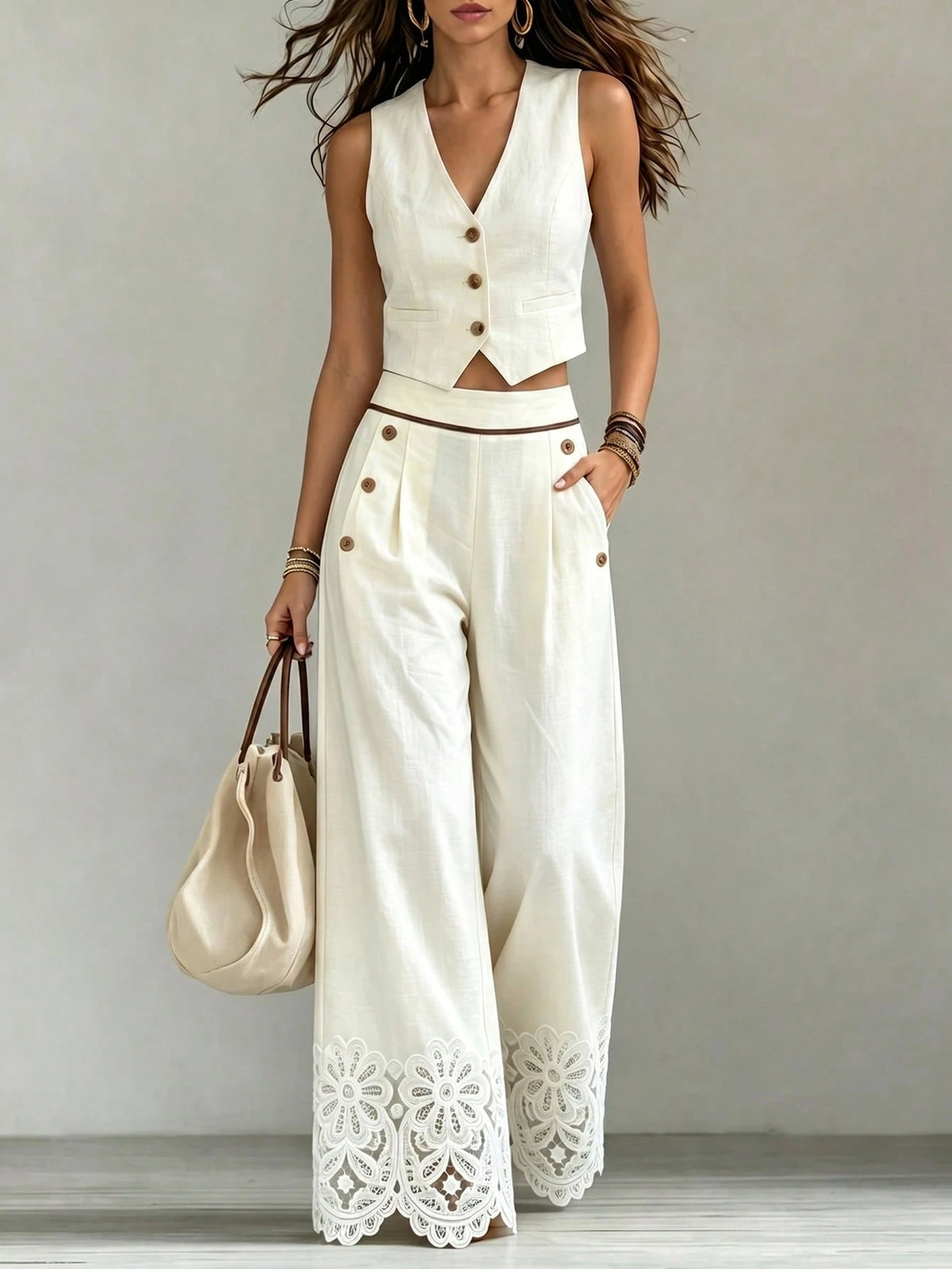 Elenzga Women Beige High Waist Wide Leg Pants, Contrast Trim Lace Hem Decor Wooden Buttons Detail With Pockets, Elegant Casual Summer Trousers For Commute Vacation Party Outfits
