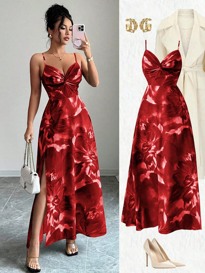 Elenzga Women Red Floral Summer Elegant Party Dress,Woven Fabric Spaghetti Strap Adjustable Bust Twist Design Open Back Slit Hem Waist Cinching Vacation