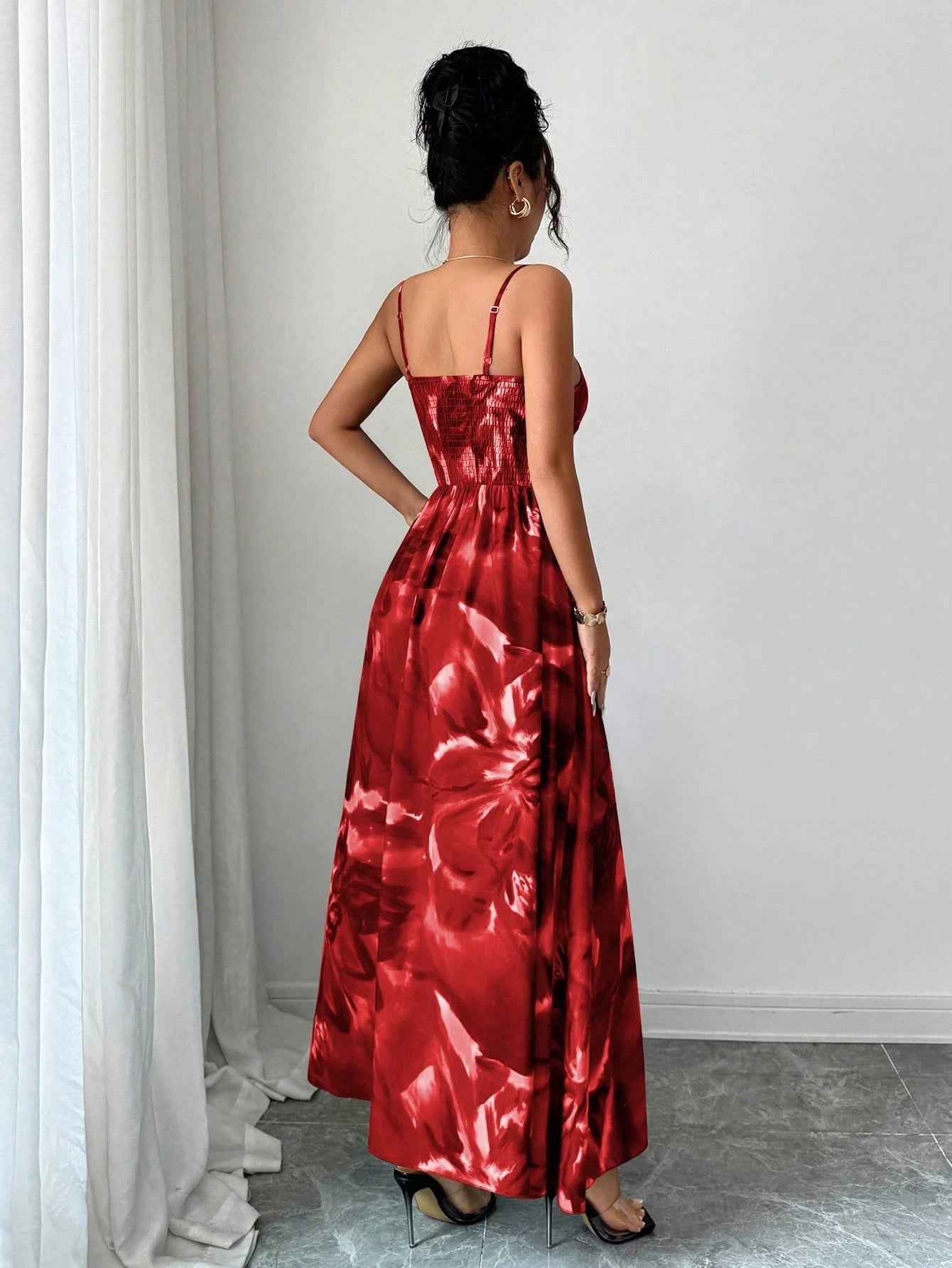 Elenzga Women Red Floral Summer Elegant Party Dress,Woven Fabric Spaghetti Strap Adjustable Bust Twist Design Open Back Slit Hem Waist Cinching Vacation