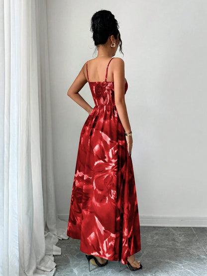 Elenzga Women Red Floral Summer Elegant Party Dress,Woven Fabric Spaghetti Strap Adjustable Bust Twist Design Open Back Slit Hem Waist Cinching Vacation
