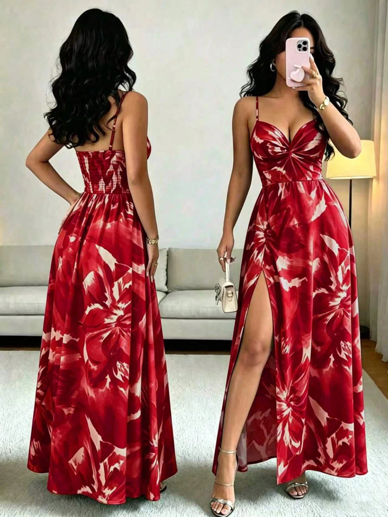 Elenzga Women Red Floral Summer Elegant Party Dress,Woven Fabric Spaghetti Strap Adjustable Bust Twist Design Open Back Slit Hem Waist Cinching Vacation