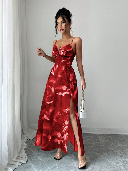 Elenzga Women Red Floral Summer Elegant Party Dress,Woven Fabric Spaghetti Strap Adjustable Bust Twist Design Open Back Slit Hem Waist Cinching Vacation