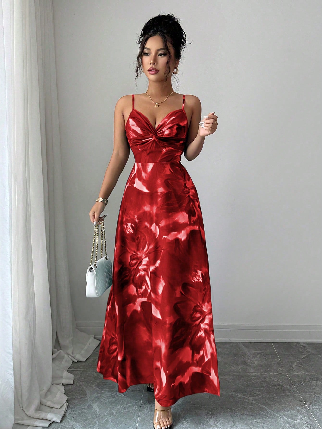 Elenzga Women Red Floral Summer Elegant Party Dress,Woven Fabric Spaghetti Strap Adjustable Bust Twist Design Open Back Slit Hem Waist Cinching Vacation