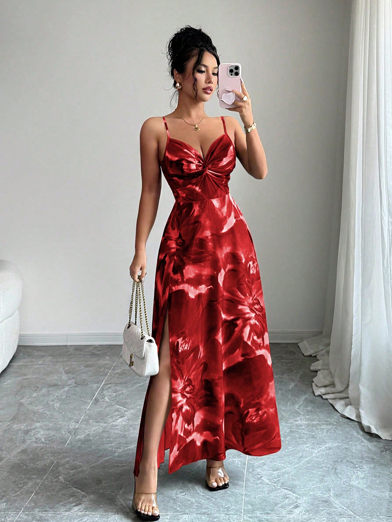Elenzga Women Red Floral Summer Elegant Party Dress,Woven Fabric Spaghetti Strap Adjustable Bust Twist Design Open Back Slit Hem Waist Cinching Vacation