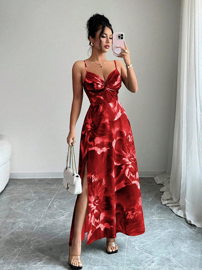 Elenzga Women Red Floral Summer Elegant Party Dress,Woven Fabric Spaghetti Strap Adjustable Bust Twist Design Open Back Slit Hem Waist Cinching Vacation