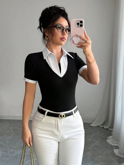 Elenzga Women's Dignified Vintage Style 2 In 1 Business Casual T-Shirt, Suitable For Office, Back To School Season
