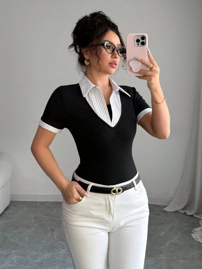 Elenzga Women's Dignified Vintage Style 2 In 1 Business Casual T-Shirt, Suitable For Office, Back To School Season