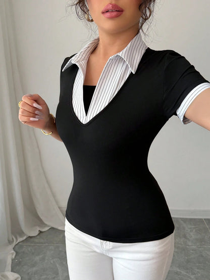 Elenzga Women's Dignified Vintage Style 2 In 1 Business Casual T-Shirt, Suitable For Office, Back To School Season