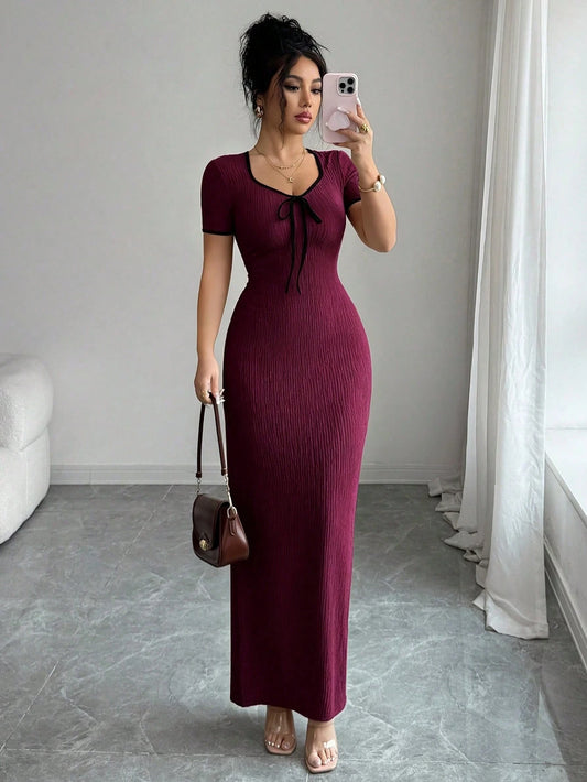 Elenzga Women's Elegant Romantic Apricot Sweetheart Collar Bow Tie Waist Design Short Sleeve Fitted Long Dress, Spring/Summer