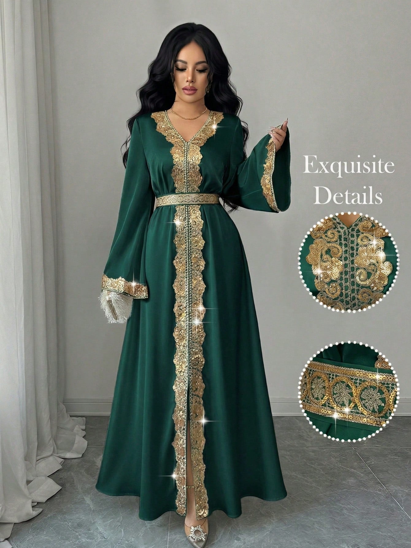 Elenzga Women's Elegant V-Neck Flare Sleeve Gold Lace Waist A-Line Shiny Long Dress, Suitable For Early Spring