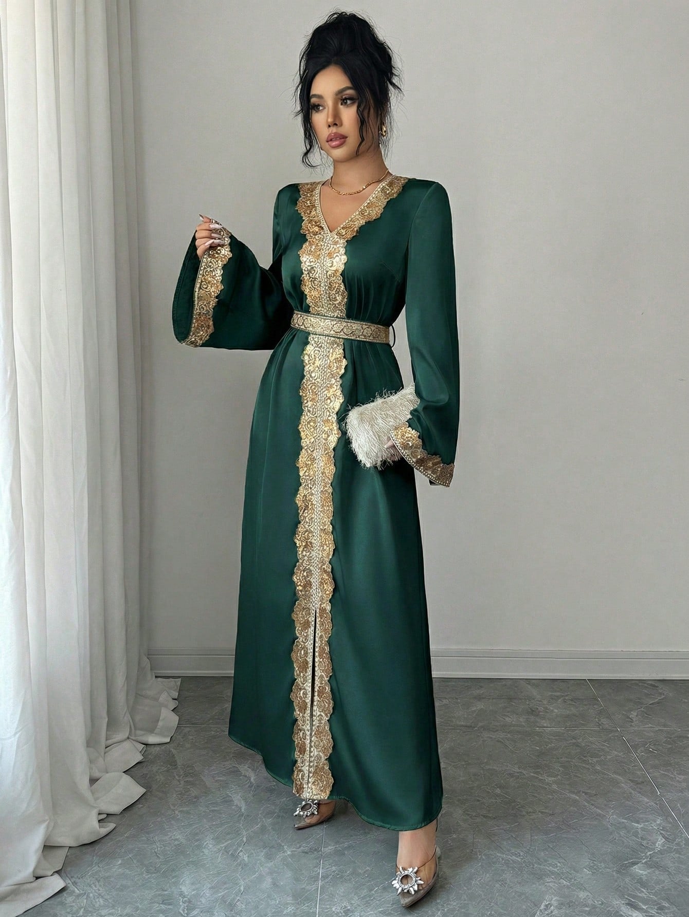 Elenzga Women's Elegant V-Neck Flare Sleeve Gold Lace Waist A-Line Shiny Long Dress, Suitable For Early Spring