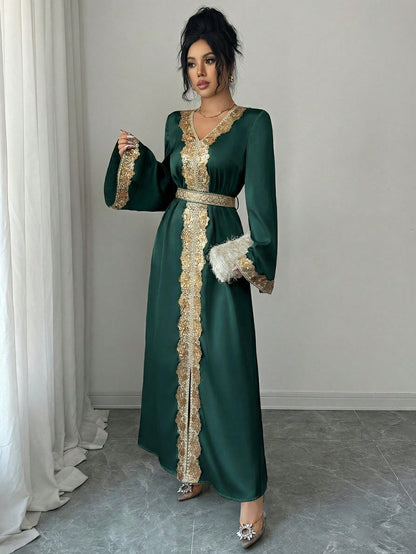 Elenzga Women's Elegant V-Neck Flare Sleeve Gold Lace Waist A-Line Shiny Long Dress, Suitable For Early Spring