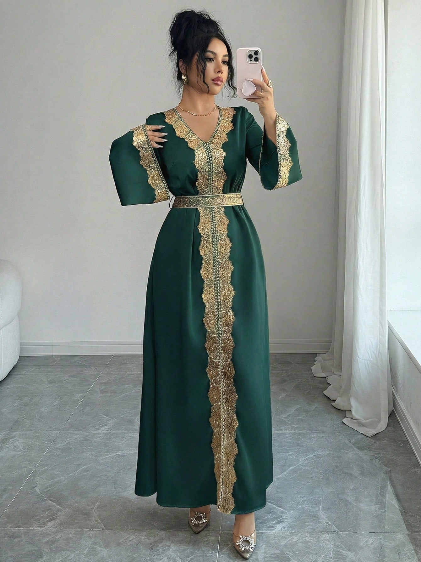 Elenzga Women's Elegant V-Neck Flare Sleeve Gold Lace Waist A-Line Shiny Long Dress, Suitable For Early Spring