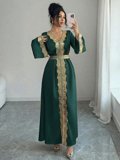 Elenzga Women's Elegant V-Neck Flare Sleeve Gold Lace Waist A-Line Shiny Long Dress, Suitable For Early Spring