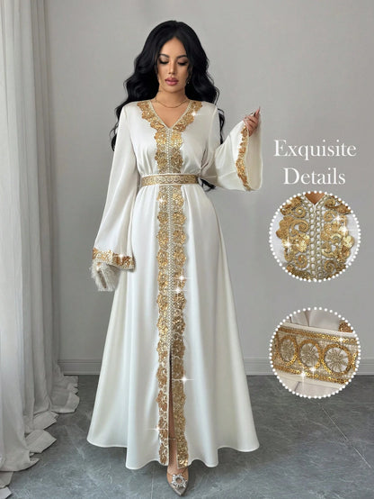 Elenzga Women's Elegant V-Neck Flare Sleeve Gold Lace Waist A-Line Shiny Long Dress, Suitable For Early Spring