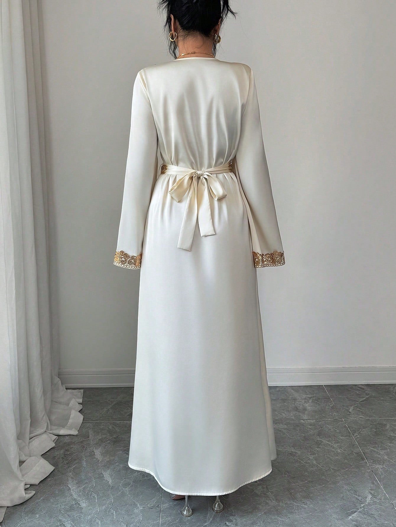 Elenzga Women's Elegant V-Neck Flare Sleeve Gold Lace Waist A-Line Shiny Long Dress, Suitable For Early Spring