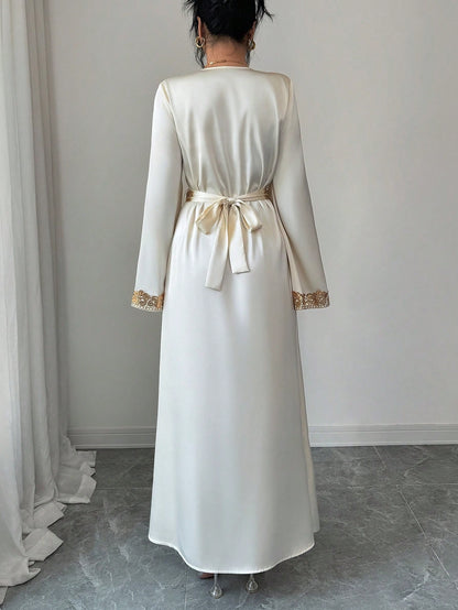 Elenzga Women's Elegant V-Neck Flare Sleeve Gold Lace Waist A-Line Shiny Long Dress, Suitable For Early Spring