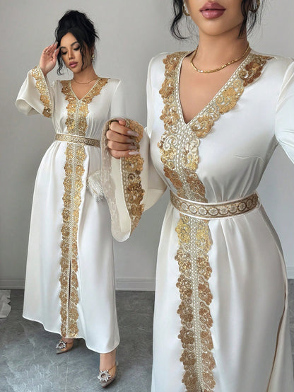 Elenzga Women's Elegant V-Neck Flare Sleeve Gold Lace Waist A-Line Shiny Long Dress, Suitable For Early Spring