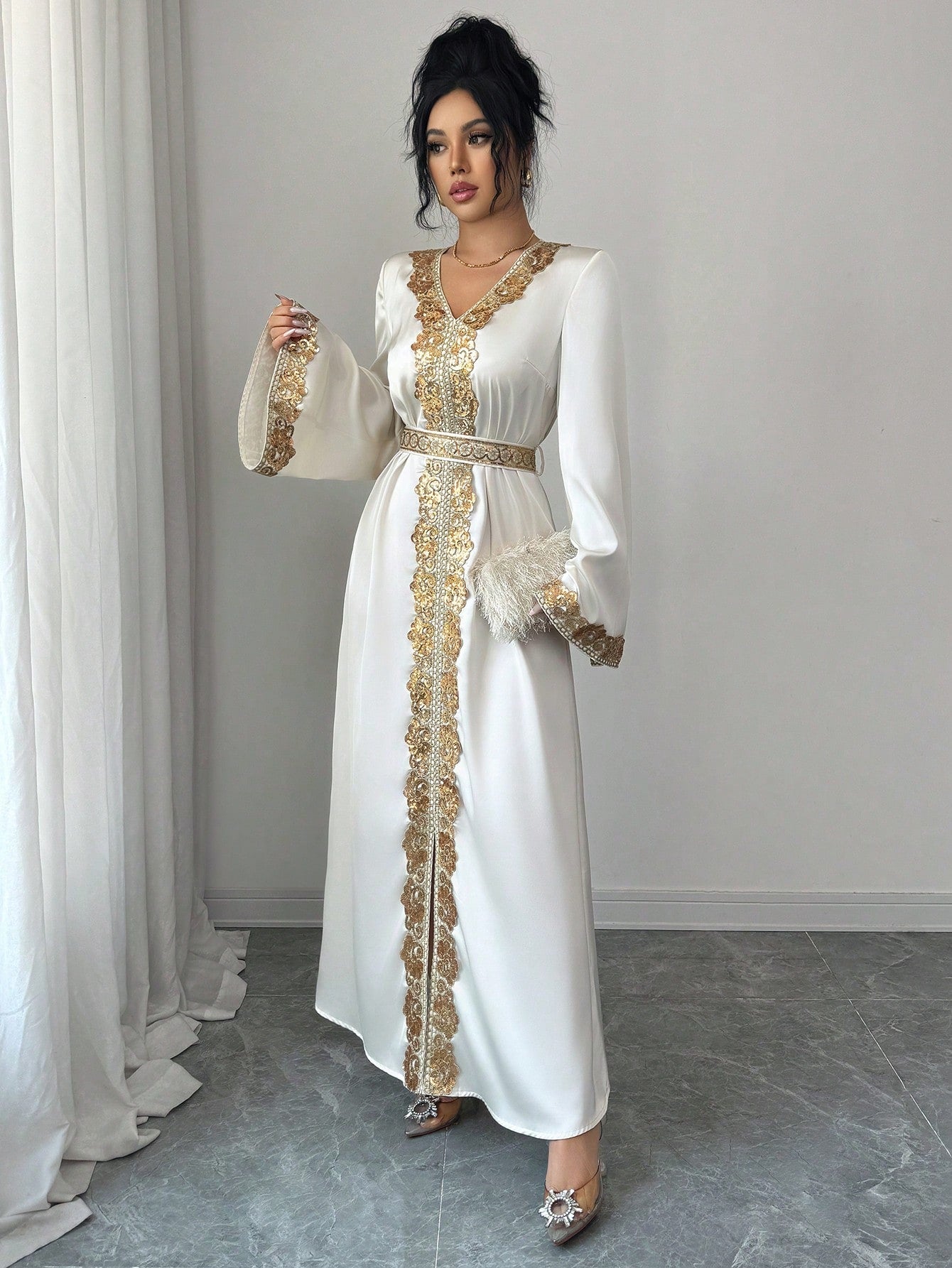 Elenzga Women's Elegant V-Neck Flare Sleeve Gold Lace Waist A-Line Shiny Long Dress, Suitable For Early Spring