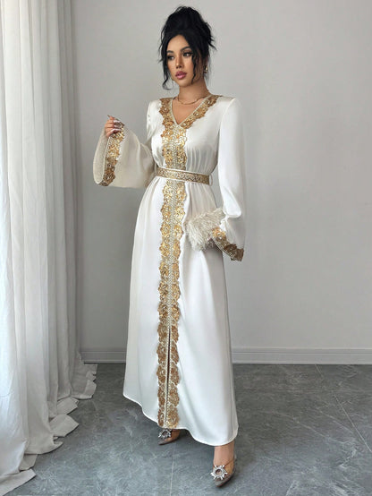 Elenzga Women's Elegant V-Neck Flare Sleeve Gold Lace Waist A-Line Shiny Long Dress, Suitable For Early Spring