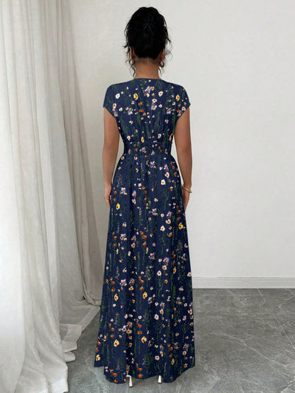 Elenzga Women's Floral V-Neck Sleeveless Waist Cinched Maxi Dress Holiday Holiday Tea Party Navy Blue Floral Summer Boho