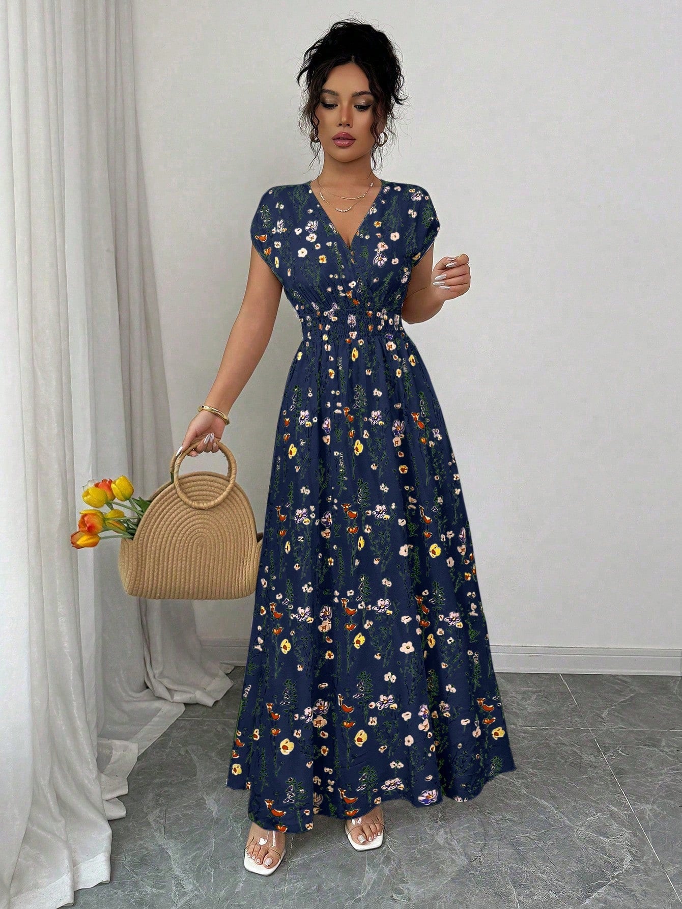 Elenzga Women's Floral V-Neck Sleeveless Waist Cinched Maxi Dress Holiday Holiday Tea Party Navy Blue Floral Summer Boho