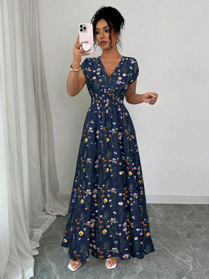 Elenzga Women's Floral V-Neck Sleeveless Waist Cinched Maxi Dress Holiday Holiday Tea Party Navy Blue Floral Summer Boho