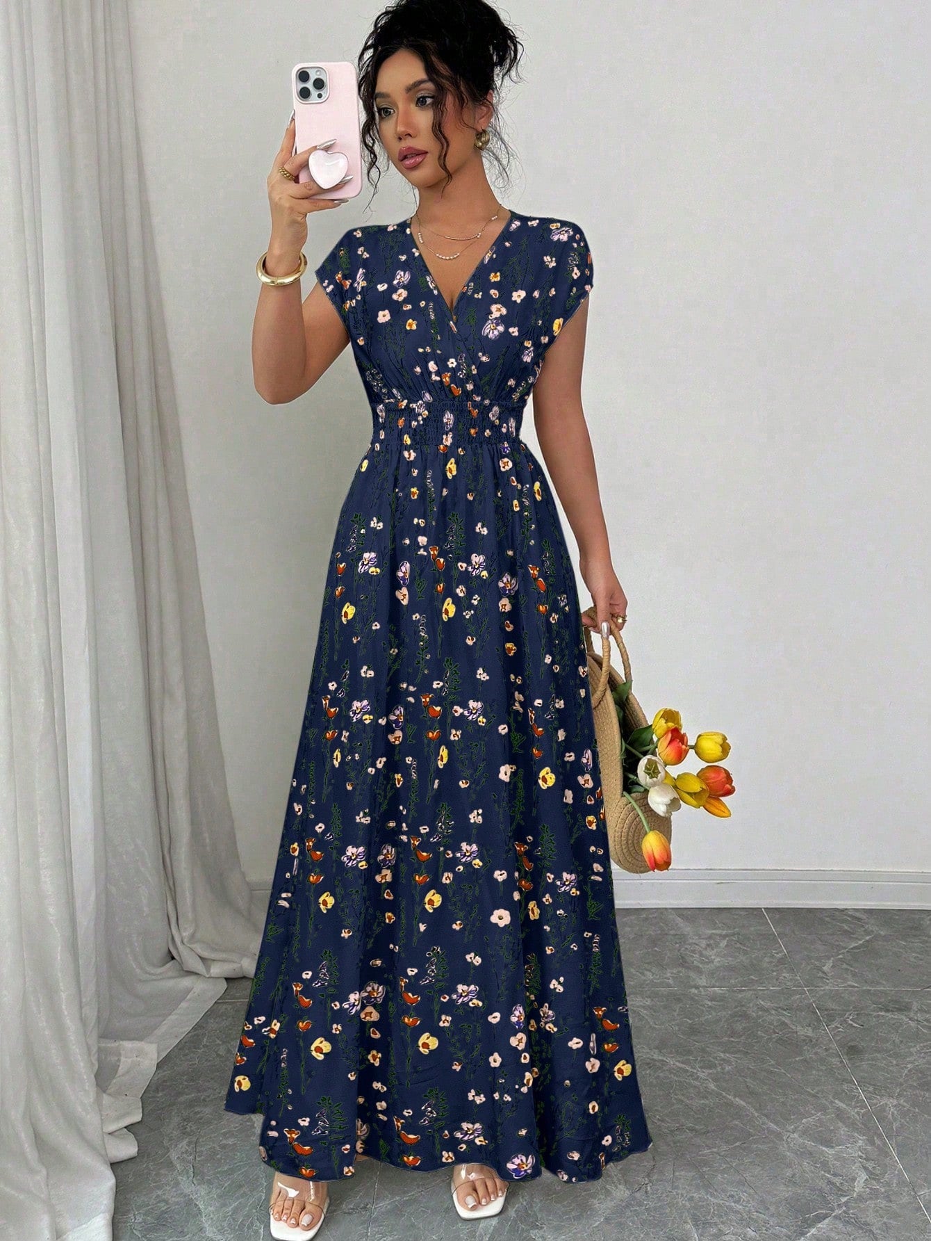 Elenzga Women's Floral V-Neck Sleeveless Waist Cinched Maxi Dress Holiday Holiday Tea Party Navy Blue Floral Summer Boho