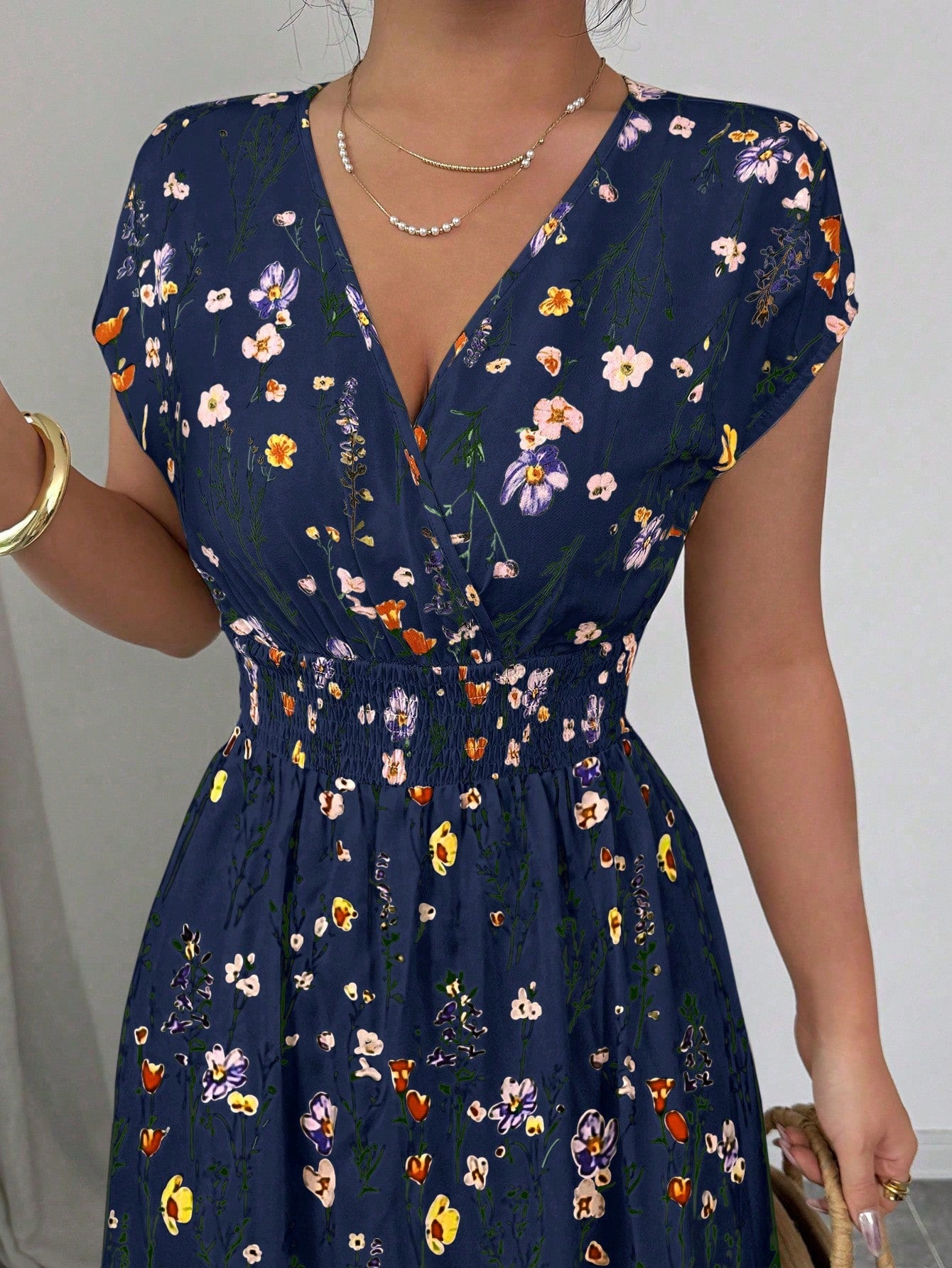 Elenzga Women's Floral V-Neck Sleeveless Waist Cinched Maxi Dress Holiday Holiday Tea Party Navy Blue Floral Summer Boho