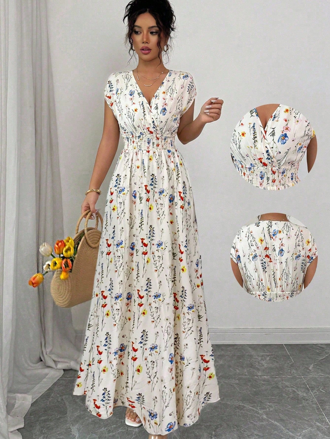 Elenzga Women's Floral V-Neck Sleeveless Waist Cinched Maxi Dress Holiday Holiday Tea Party Navy Blue Floral Summer Boho