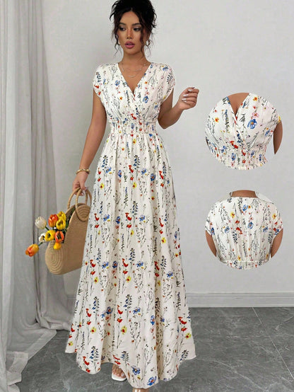 Elenzga Women's Floral V-Neck Sleeveless Waist Cinched Maxi Dress Holiday Holiday Tea Party Navy Blue Floral Summer Boho