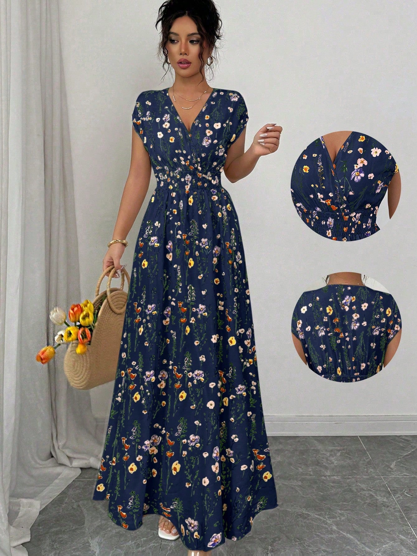 Elenzga Women's Floral V-Neck Sleeveless Waist Cinched Maxi Dress Holiday Holiday Tea Party Navy Blue Floral Summer Boho