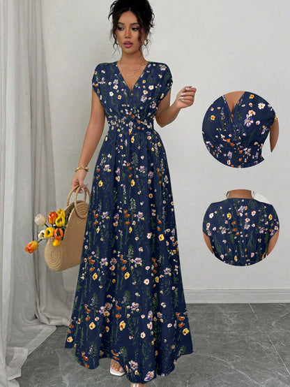 Elenzga Women's Floral V-Neck Sleeveless Waist Cinched Maxi Dress Holiday Holiday Tea Party Navy Blue Floral Summer Boho
