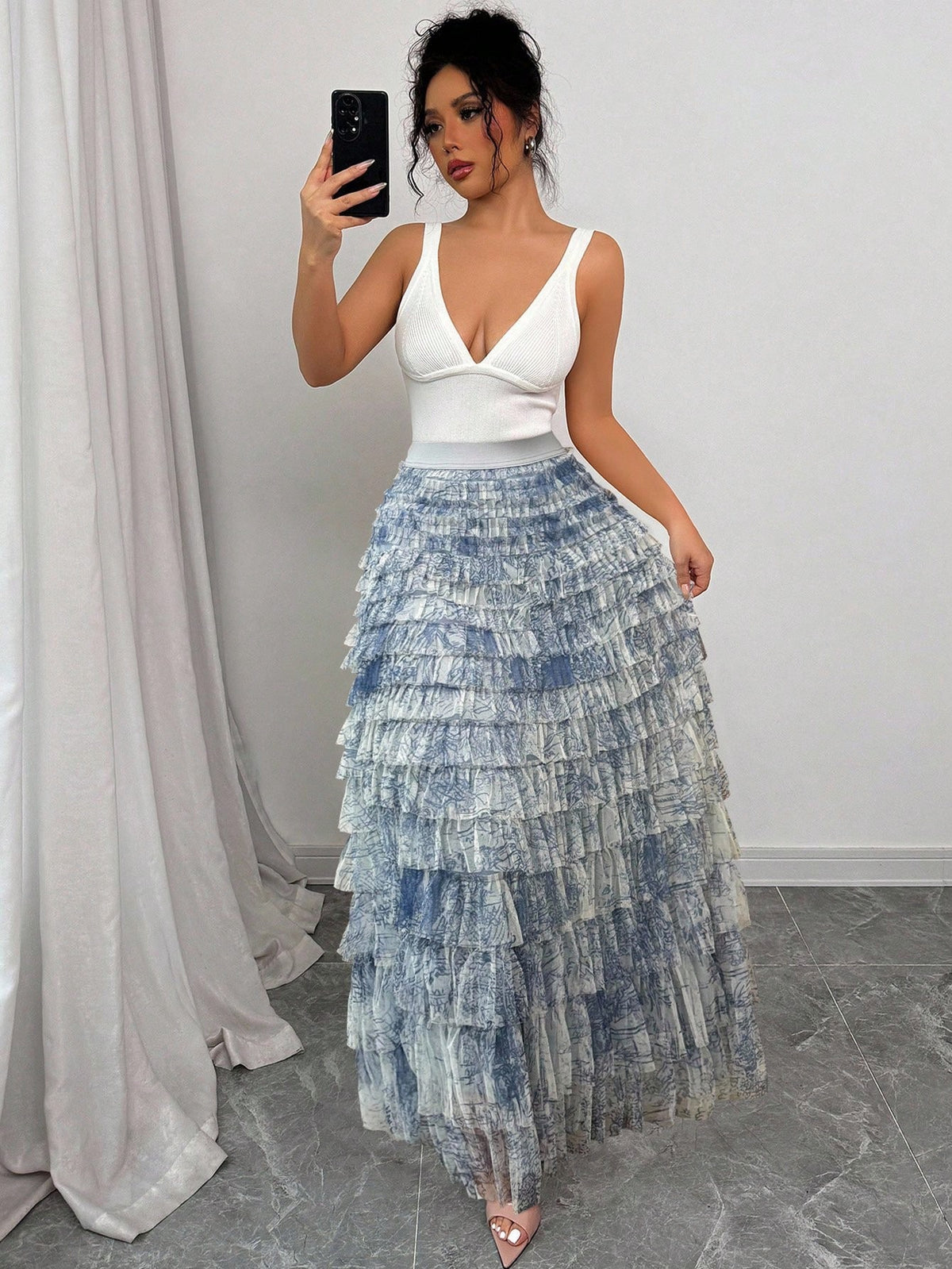 Elenzga Women's Romantic Holiday Style Ditsy Floral Mesh Skirt Fall Cloth For Women