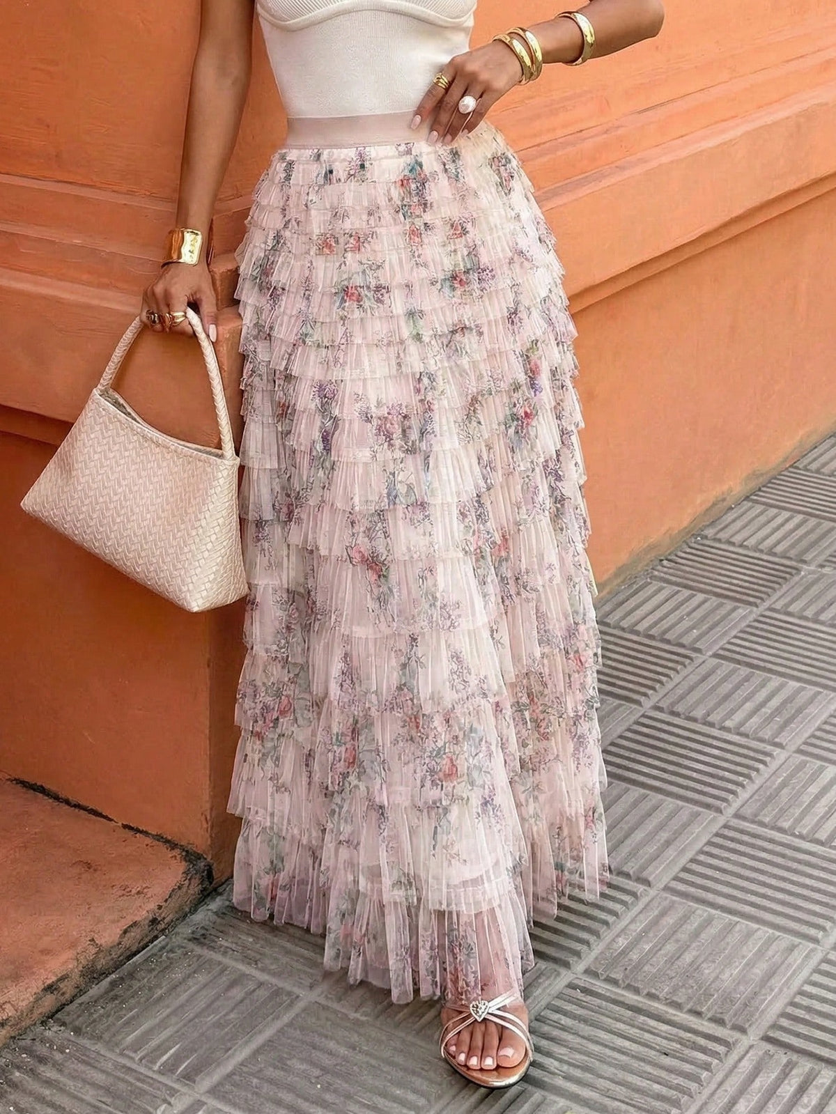 Elenzga Women's Romantic Holiday Style Ditsy Floral Mesh Skirt Fall Cloth For Women