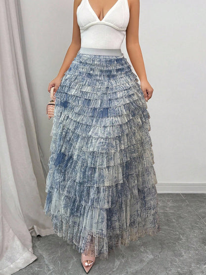 Elenzga Women's Romantic Holiday Style Ditsy Floral Mesh Skirt Fall Cloth For Women