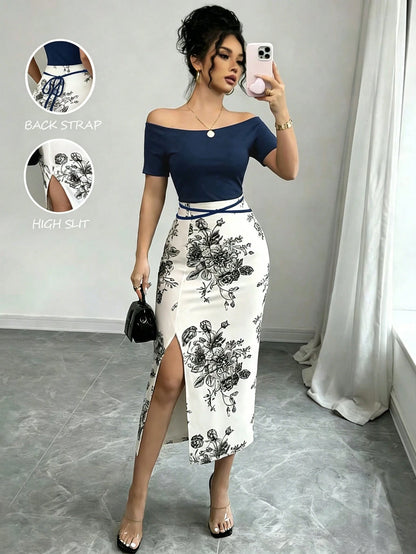 Elenzga Women's Vacation Floral Print Off-Shoulder Short Sleeve Side Slit Hem Elegant Midi Dress