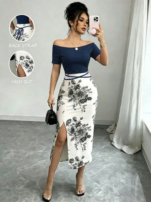 Elenzga Women's Vacation Floral Print Off-Shoulder Short Sleeve Side Slit Hem Elegant Midi Dress