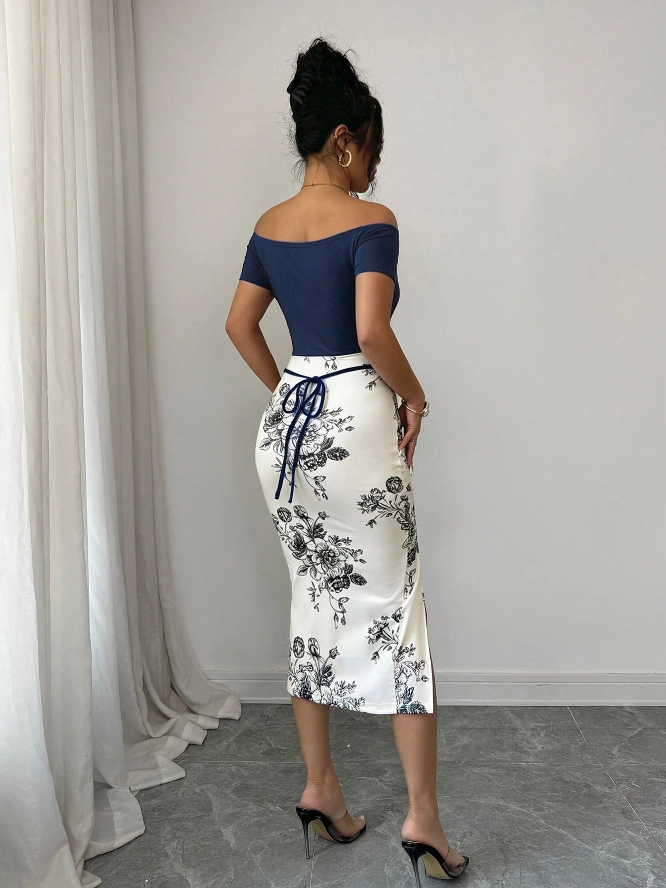 Elenzga Women's Vacation Floral Print Off-Shoulder Short Sleeve Side Slit Hem Elegant Midi Dress