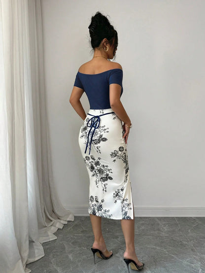 Elenzga Women's Vacation Floral Print Off-Shoulder Short Sleeve Side Slit Hem Elegant Midi Dress