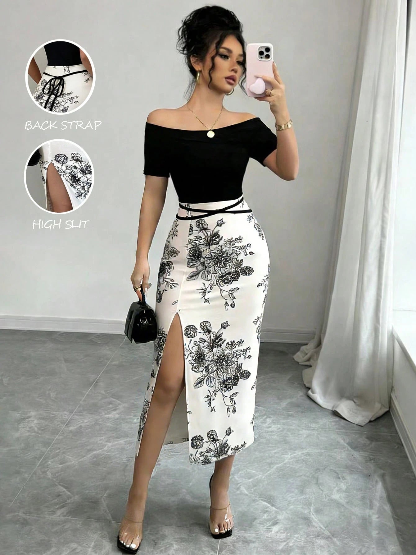 Elenzga Women's Vacation Floral Print Off-Shoulder Short Sleeve Side Slit Hem Elegant Midi Dress