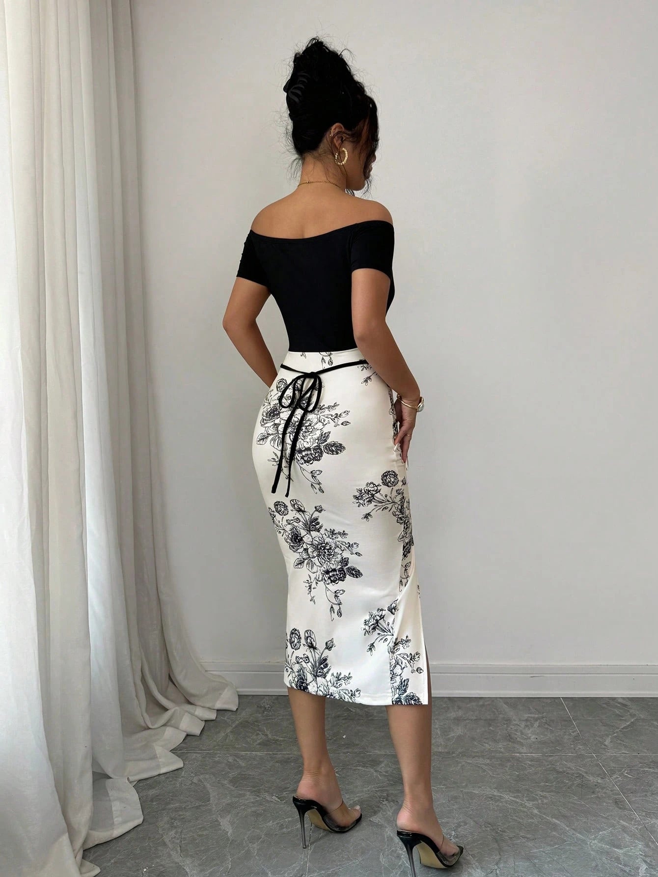 Elenzga Women's Vacation Floral Print Off-Shoulder Short Sleeve Side Slit Hem Elegant Midi Dress