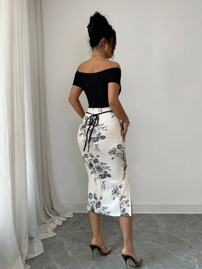 Elenzga Women's Vacation Floral Print Off-Shoulder Short Sleeve Side Slit Hem Elegant Midi Dress