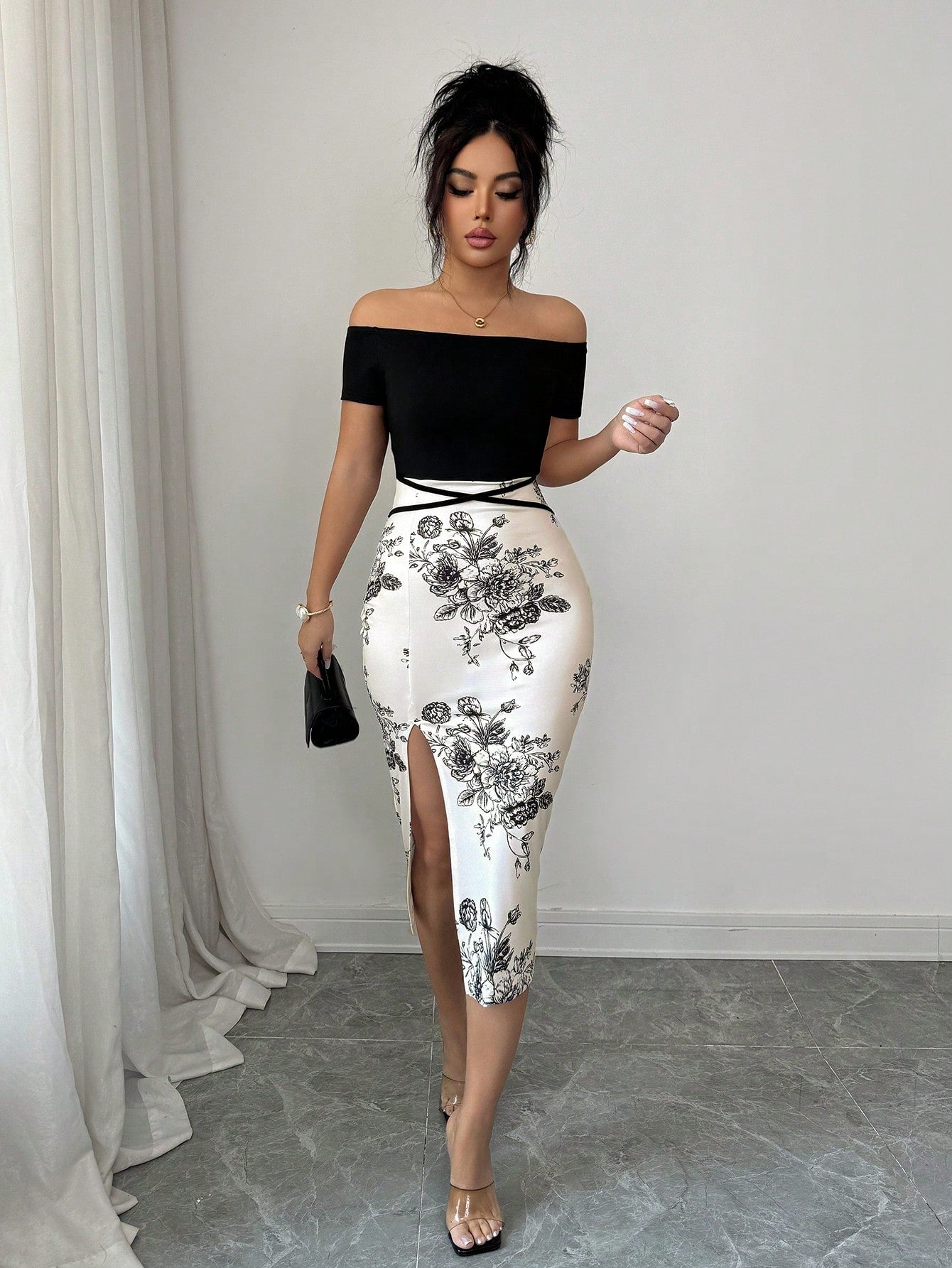 Elenzga Women's Vacation Floral Print Off-Shoulder Short Sleeve Side Slit Hem Elegant Midi Dress