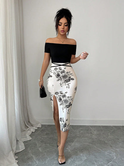 Elenzga Women's Vacation Floral Print Off-Shoulder Short Sleeve Side Slit Hem Elegant Midi Dress