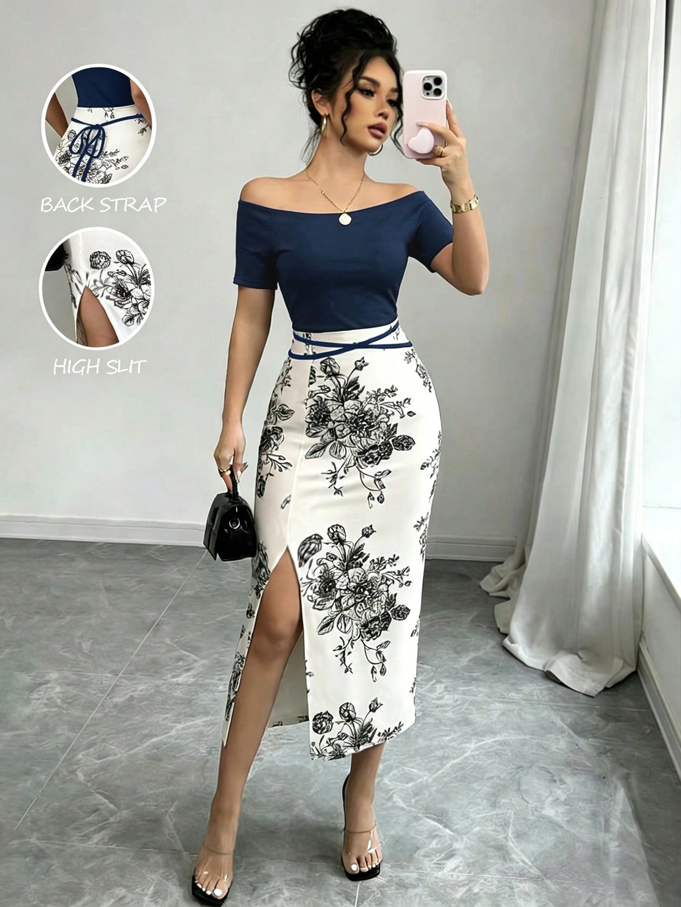Elenzga Women's Vacation Floral Print Off-Shoulder Short Sleeve Side Slit Hem Elegant Midi Dress