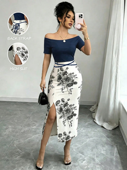 Elenzga Women's Vacation Floral Print Off-Shoulder Short Sleeve Side Slit Hem Elegant Midi Dress