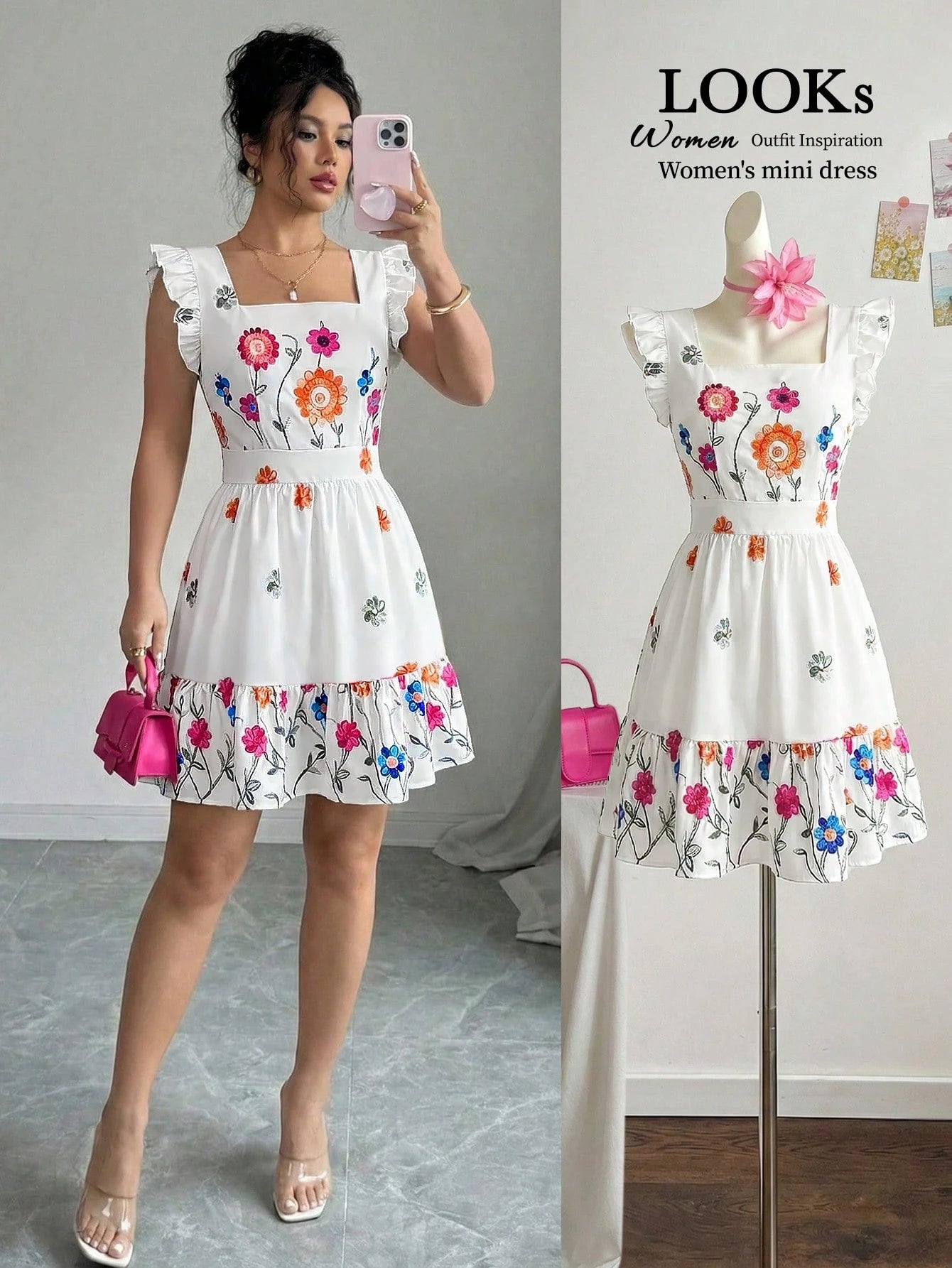 Elenzga Women's White Floral Summer Boho Tea Party Dress,Sleeveless Square Neck Waist Cinched Ruffle Hem Casual Vacation Mini Dress,Suitable For Carnival