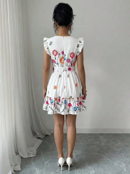 Elenzga Women's White Floral Summer Boho Tea Party Dress,Sleeveless Square Neck Waist Cinched Ruffle Hem Casual Vacation Mini Dress,Suitable For Carnival